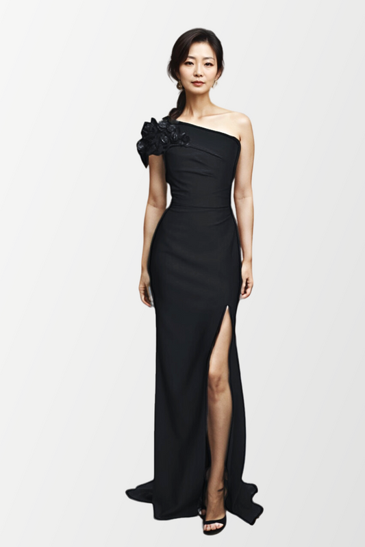 One Shoulder Crepe Slit Gown