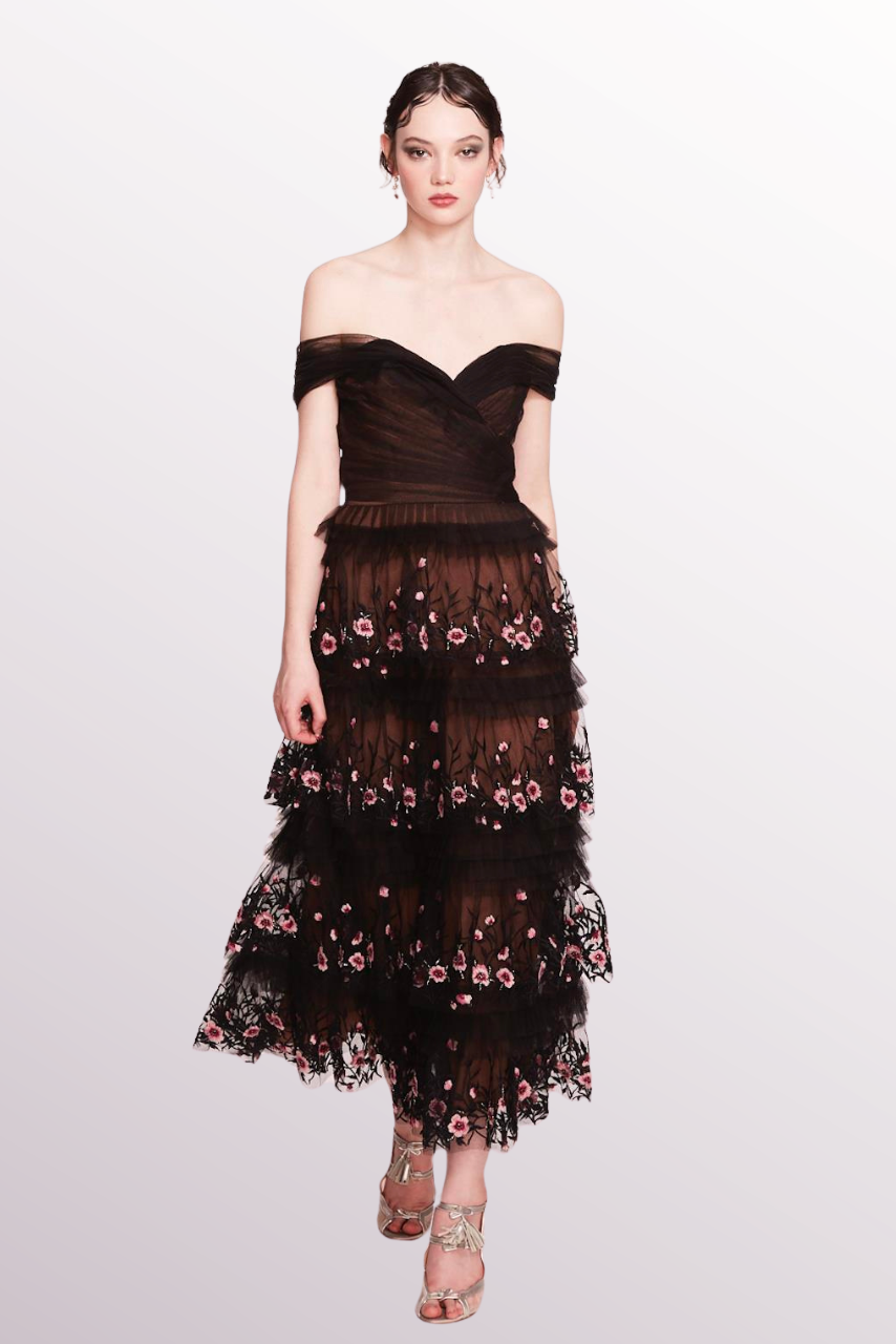 Off-Shoulder Tulle Midi Dress