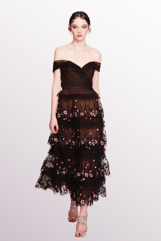 Off-Shoulder Tulle Midi Dress