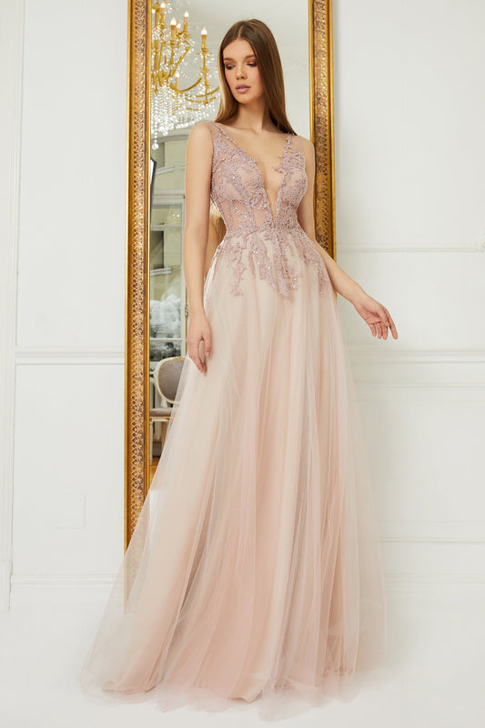 Embroidered Tulle Sleeveless A-Line Gown