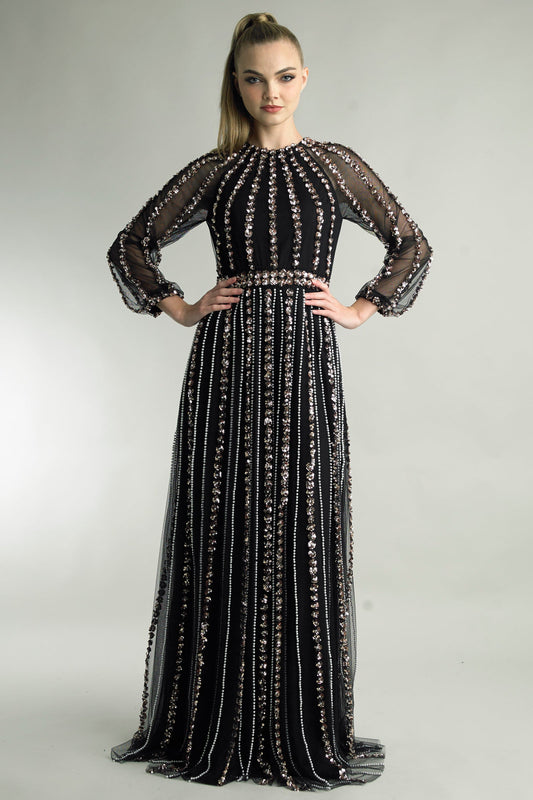 Long Sleeve Crystal and Pearl Gown