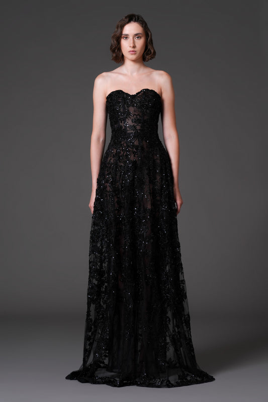 Strapless Embroidered Tulle Gown