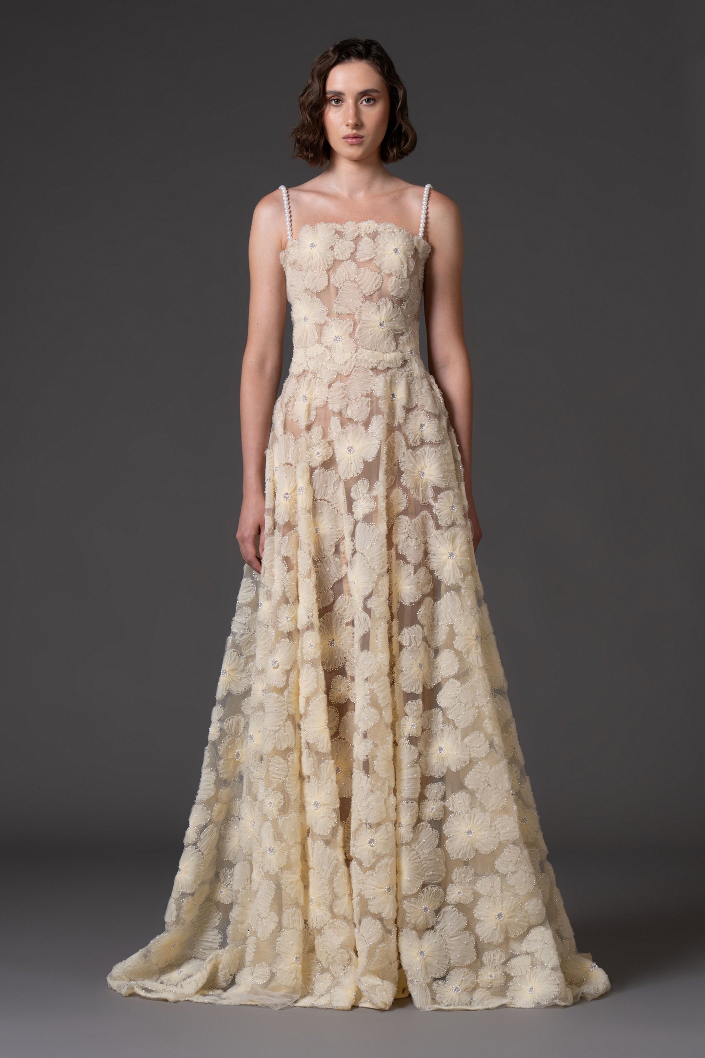 Flower Embroidered Tulle Gown
