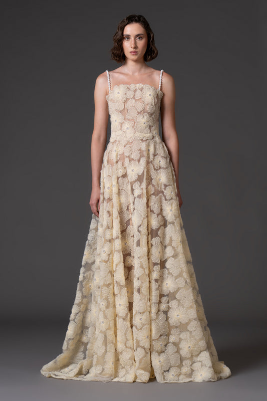 Flower Embroidered Tulle Gown