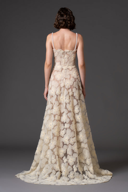 Flower Embroidered Tulle Gown
