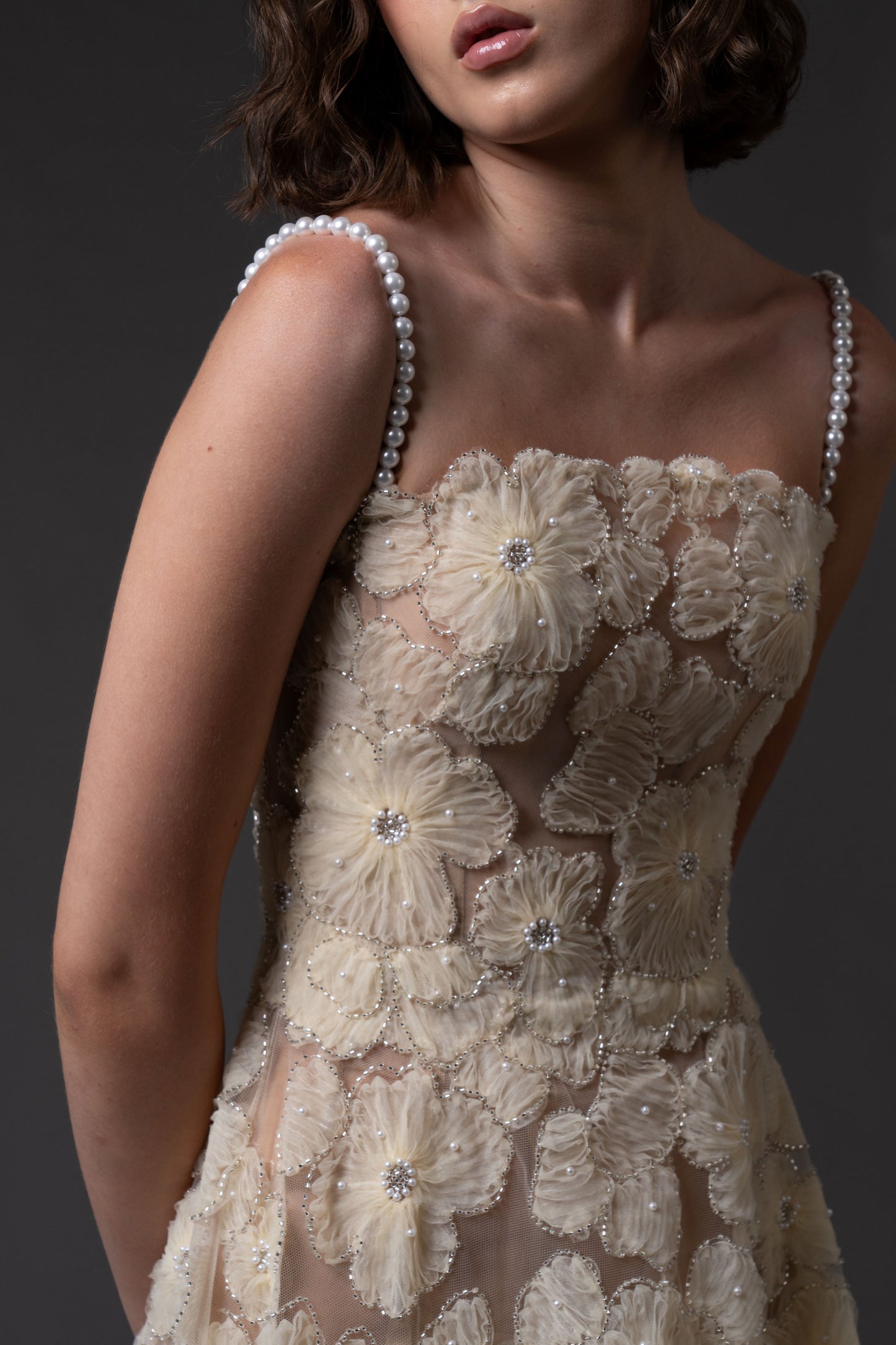 Flower Embroidered Tulle Gown