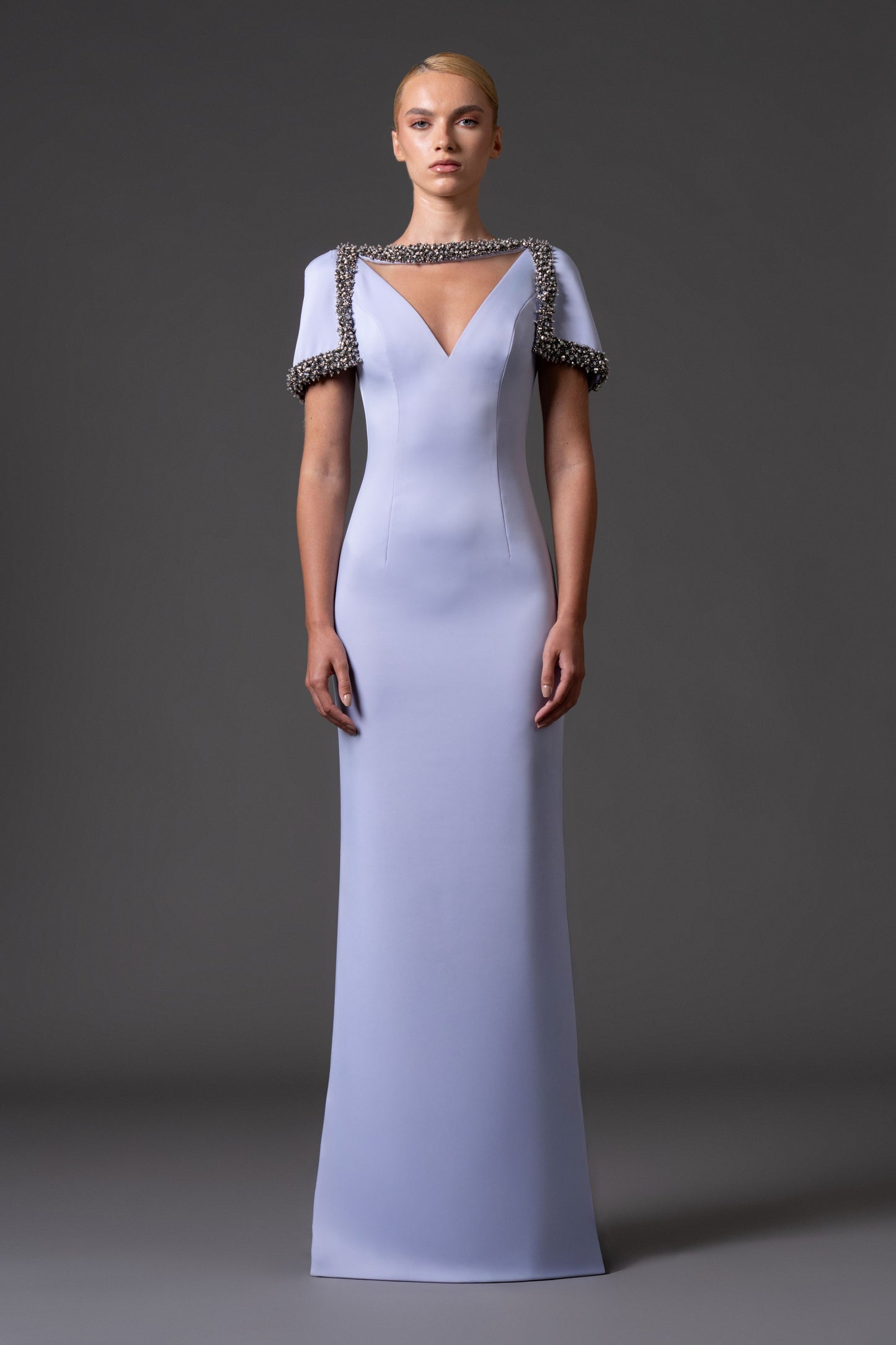 Scuba Crêpe Dress with Crystal Neckline