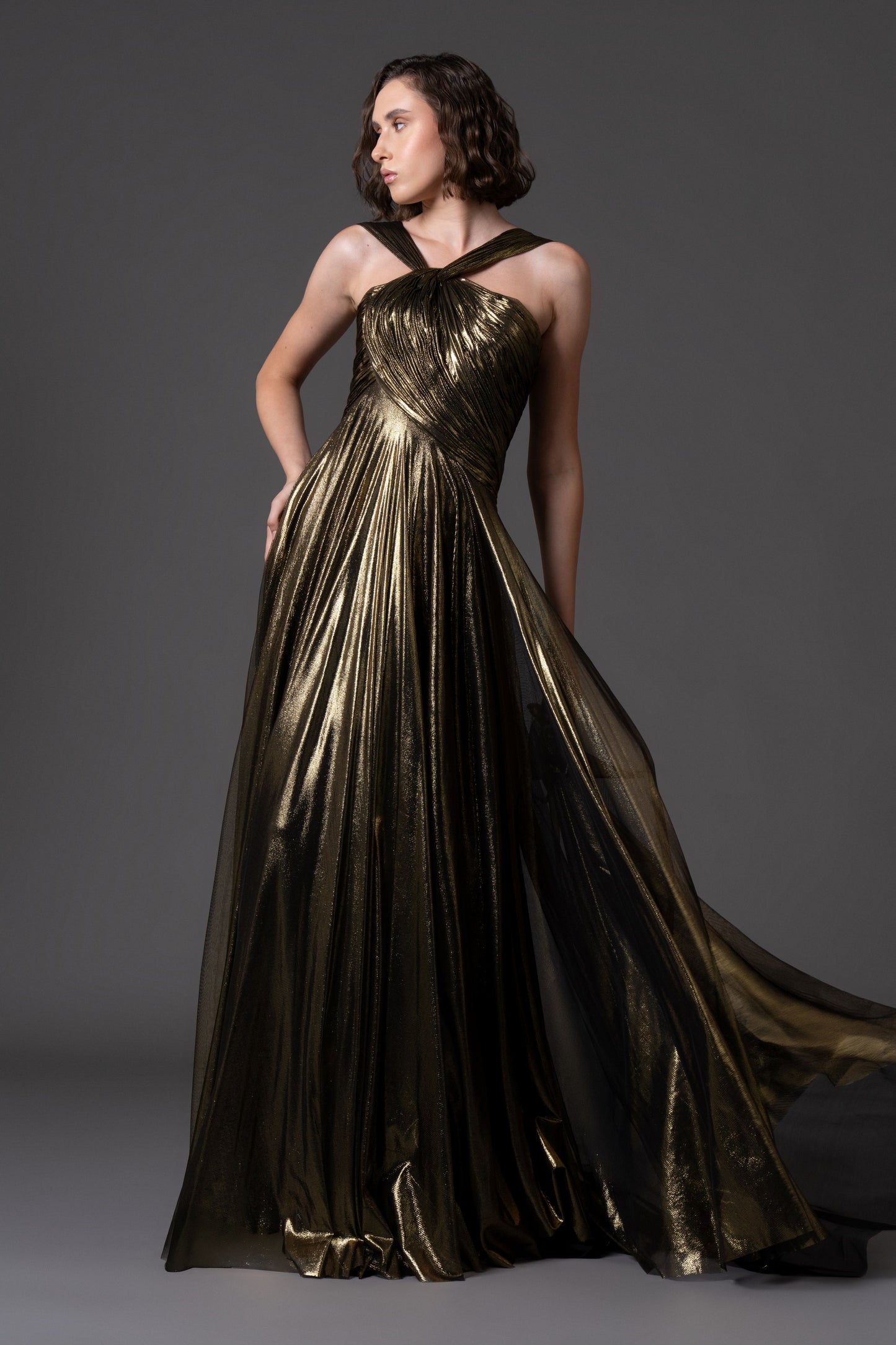 Draped Dress in Silk Foiled Tulle