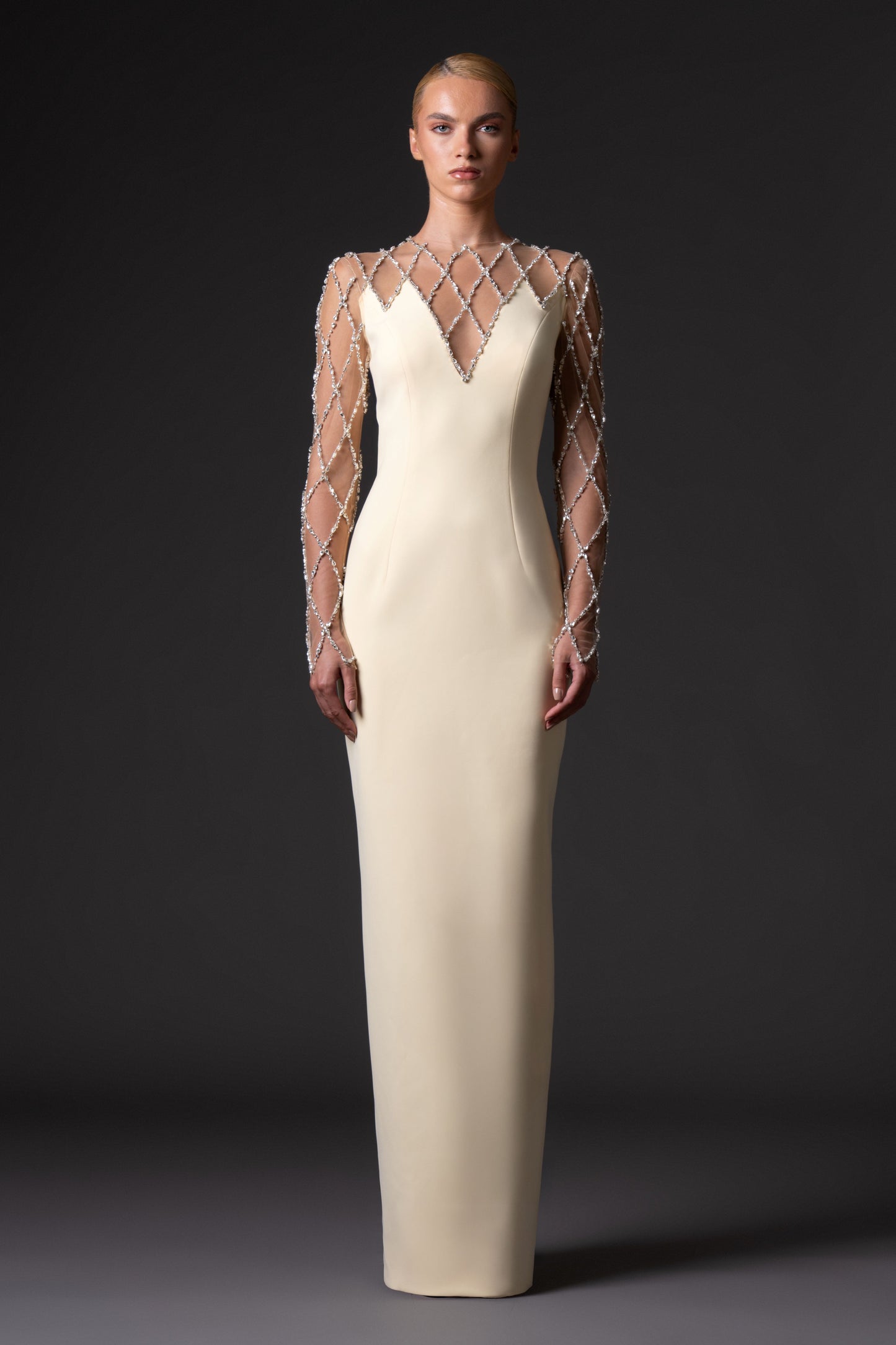 Crêpe Dress with Grid Embroidery