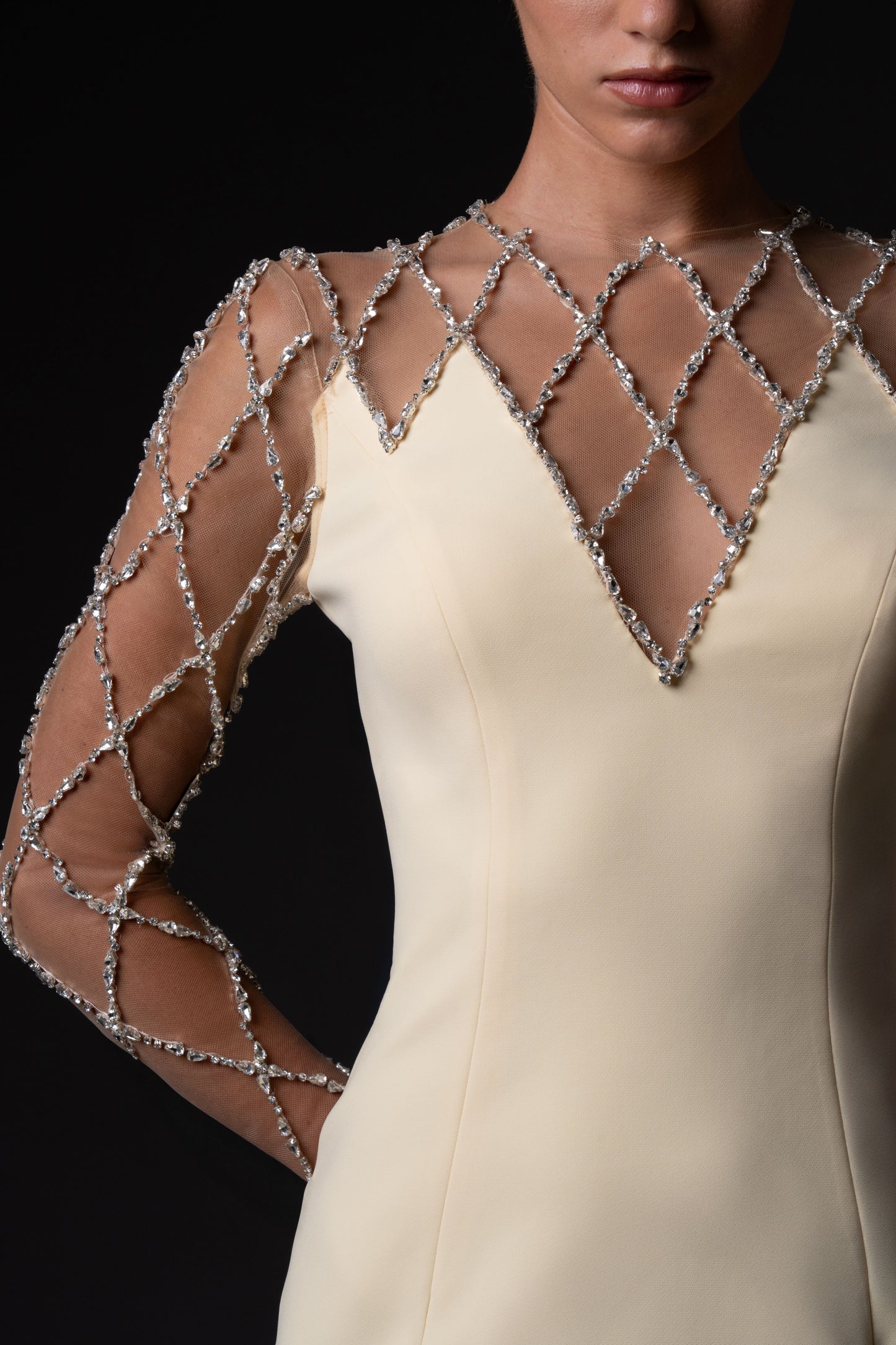 Crêpe Dress with Grid Embroidery