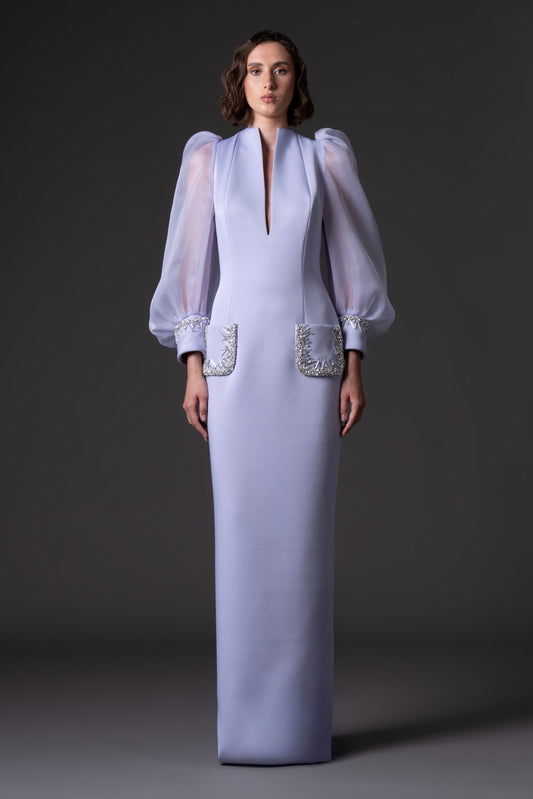 Scuba Crêpe Dress with Puffed Sleeves