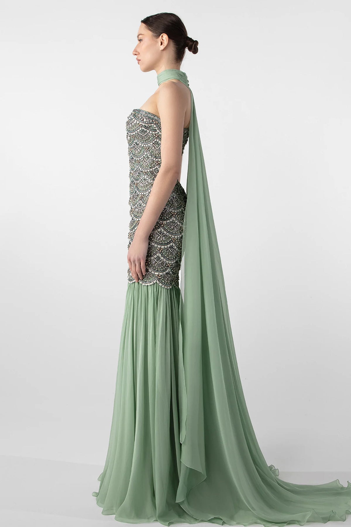 Draped Embroidered Gown