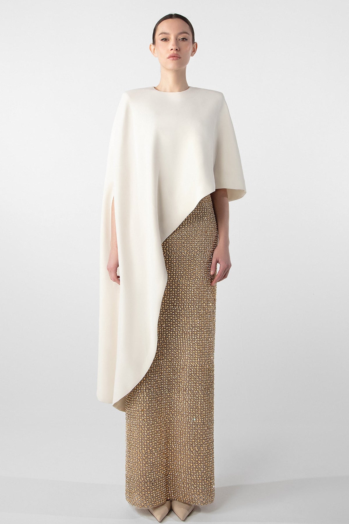 Beaded Asymmetric Cape Gown