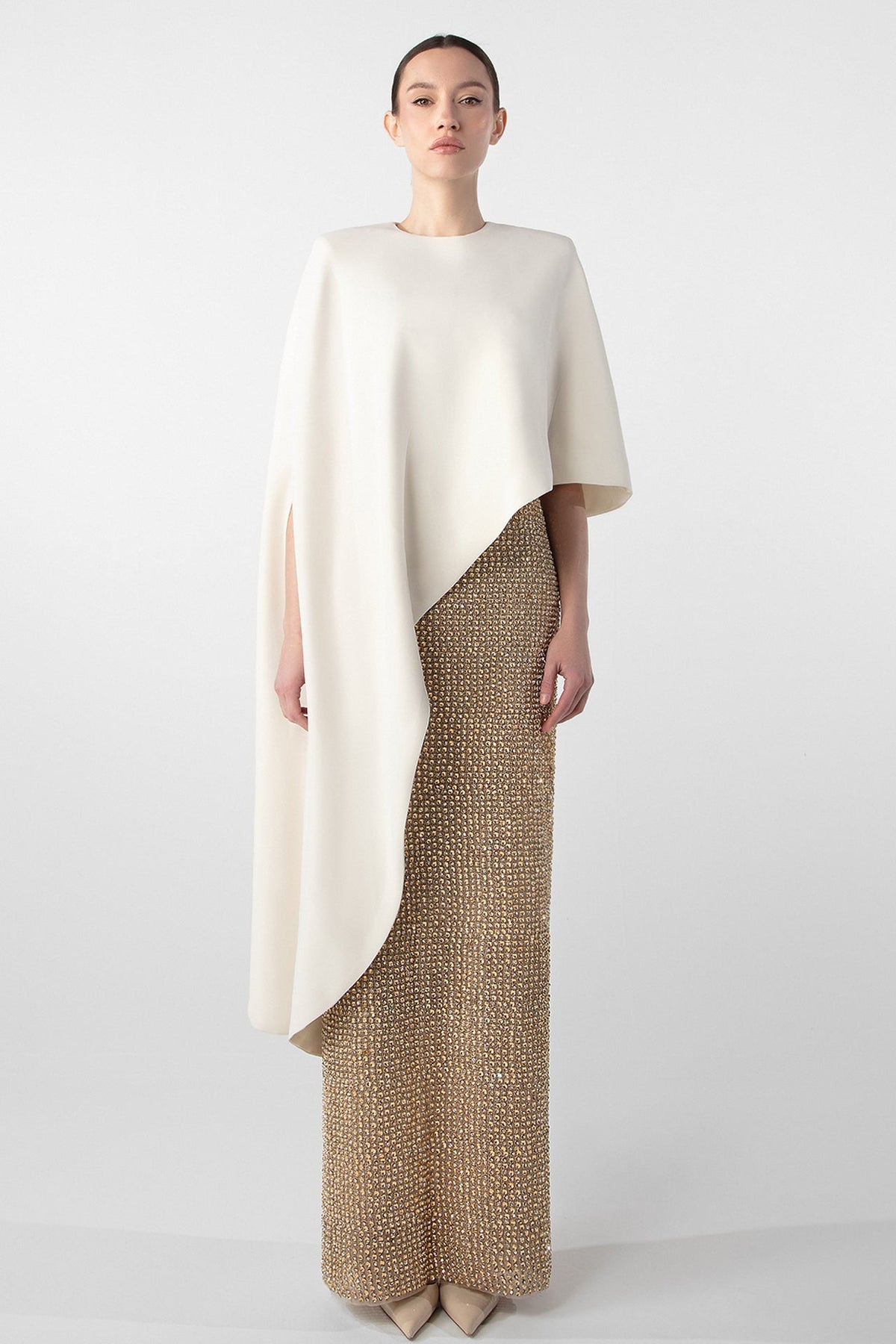 Beaded Asymmetric Cape Gown