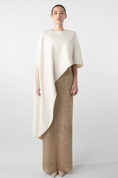 Beaded Asymmetric Cape Gown