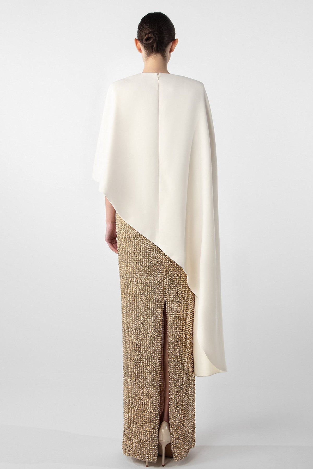 Beaded Asymmetric Cape Gown