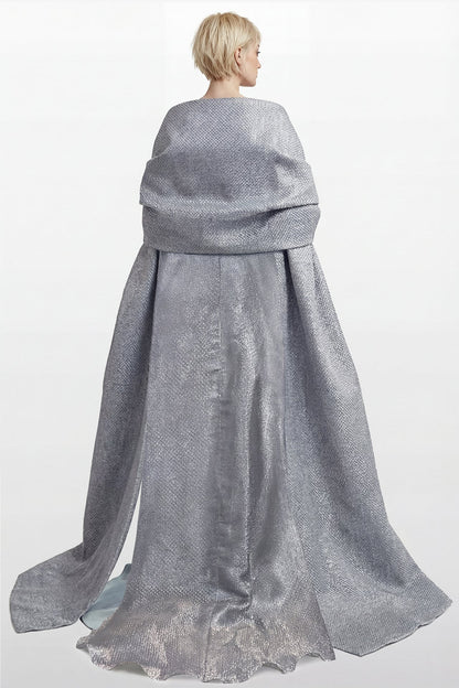 Beaded Metallic Cape Gown