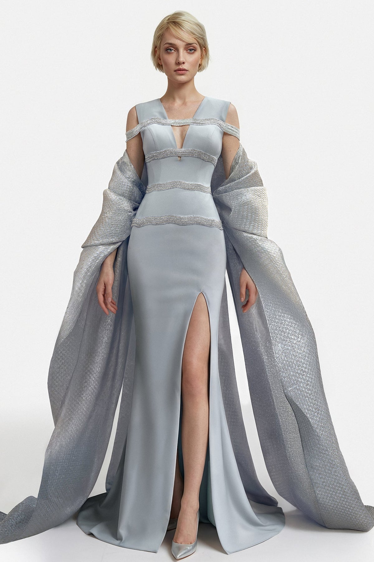 Beaded Metallic Cape Gown