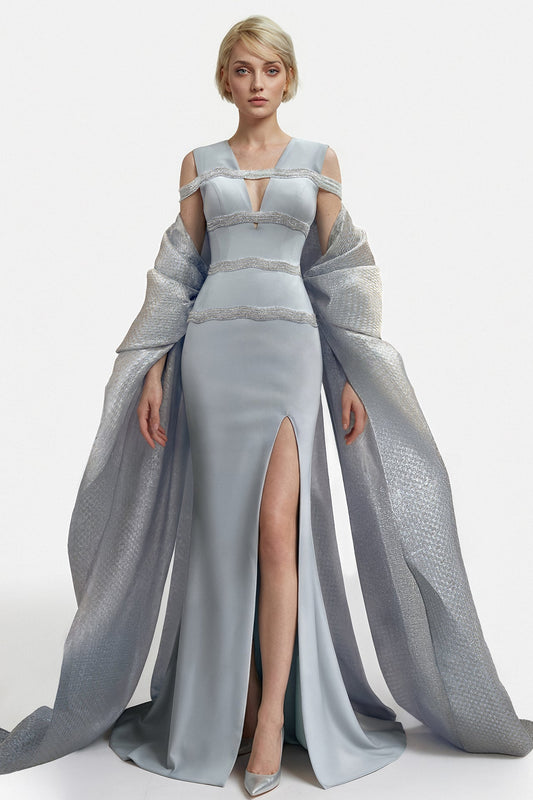 Beaded Metallic Cape Gown