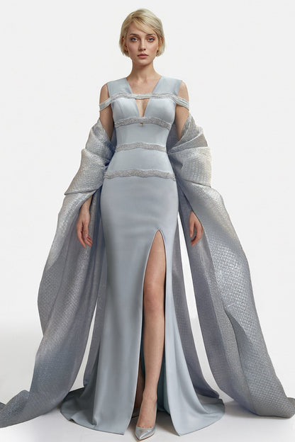 Cape-Draped Beaded Gown