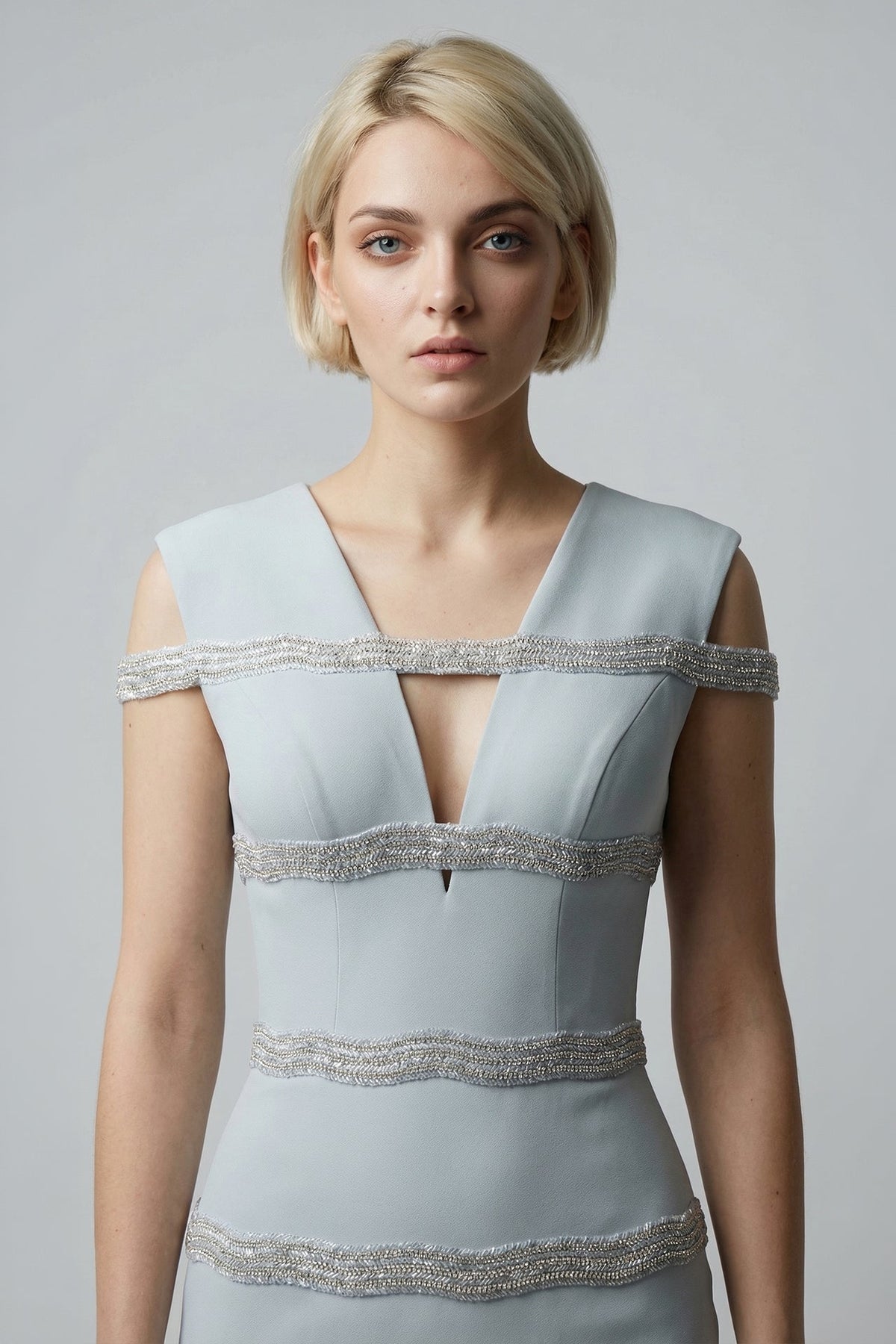Beaded Cold-Shoulder Crepe Gown