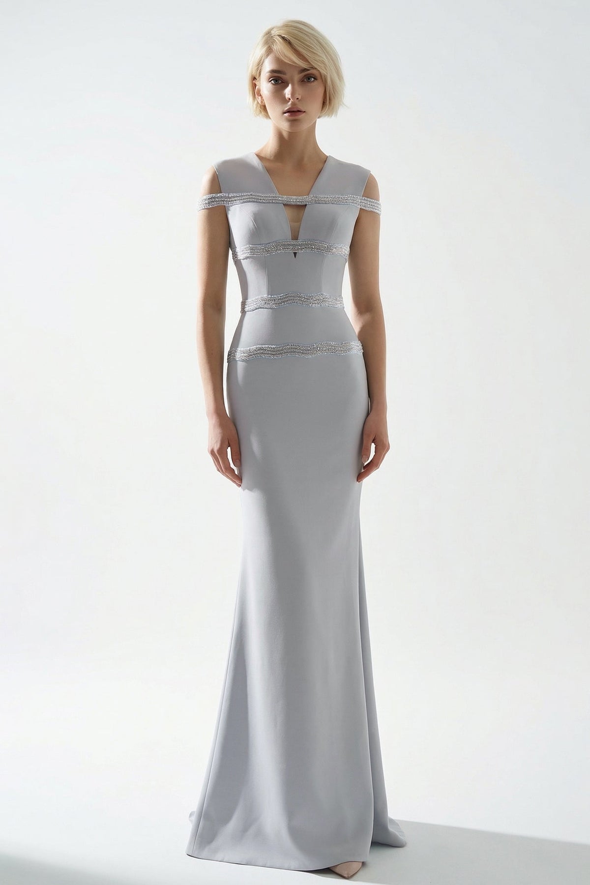 Beaded-Band Cold-Shoulder Gown