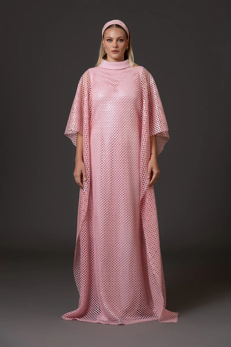 Pink Crêpe Abaya with Embellished Net