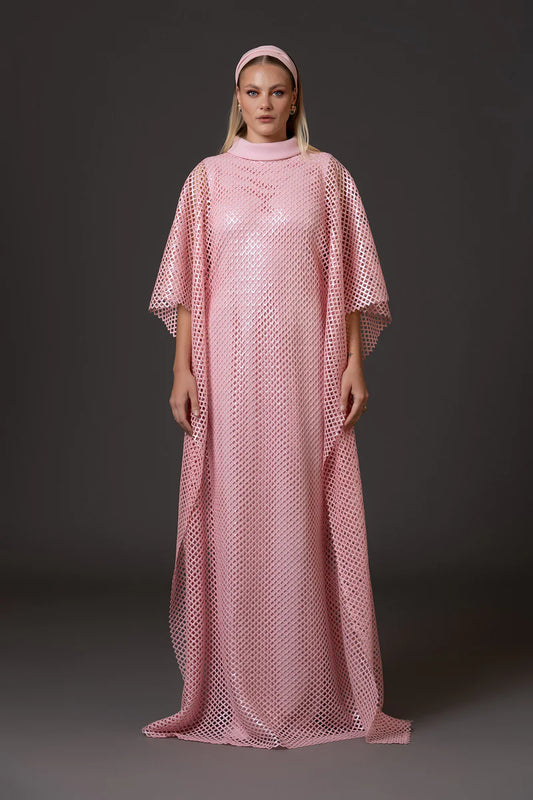 Pink Crêpe Abaya with Embellished Net