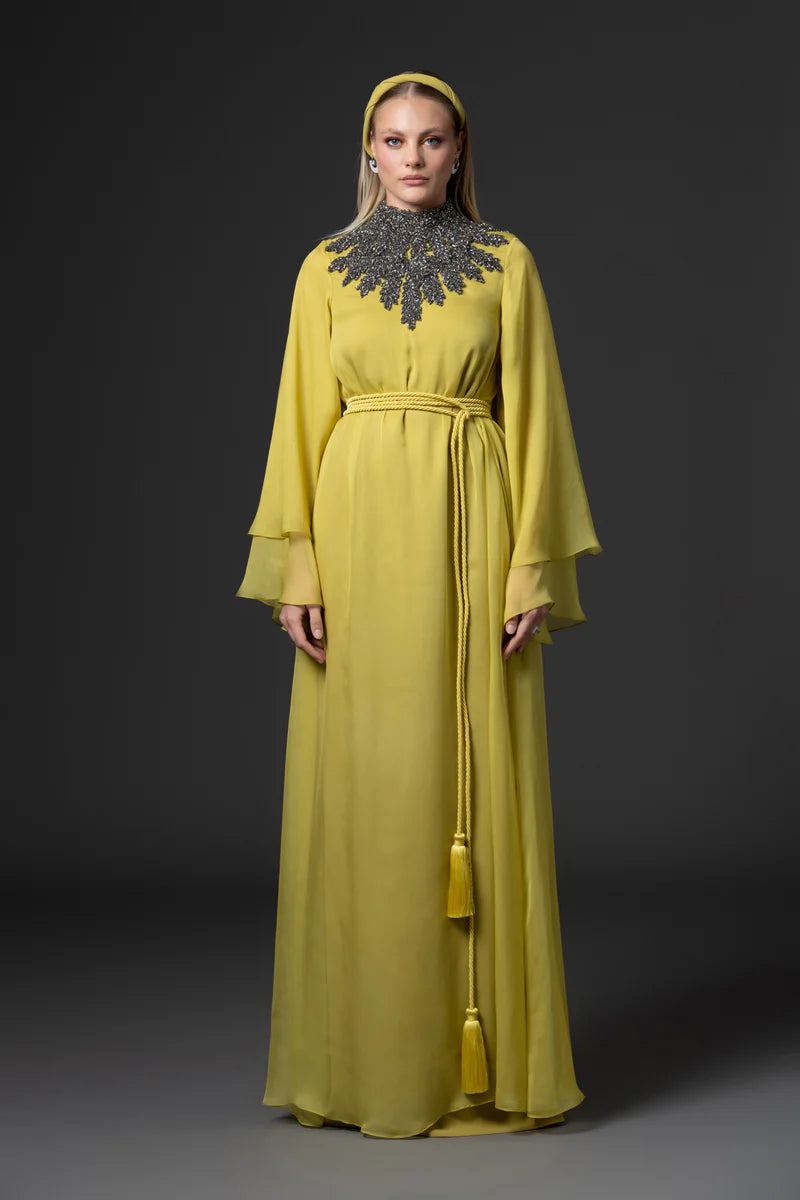 Golden Olive Abaya with Embroidered Neck
