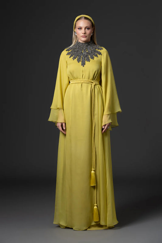 Golden Olive Abaya with Embroidered Neck