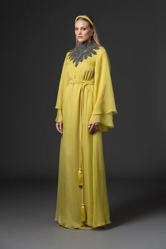 Golden Olive Abaya with Embroidered Neck