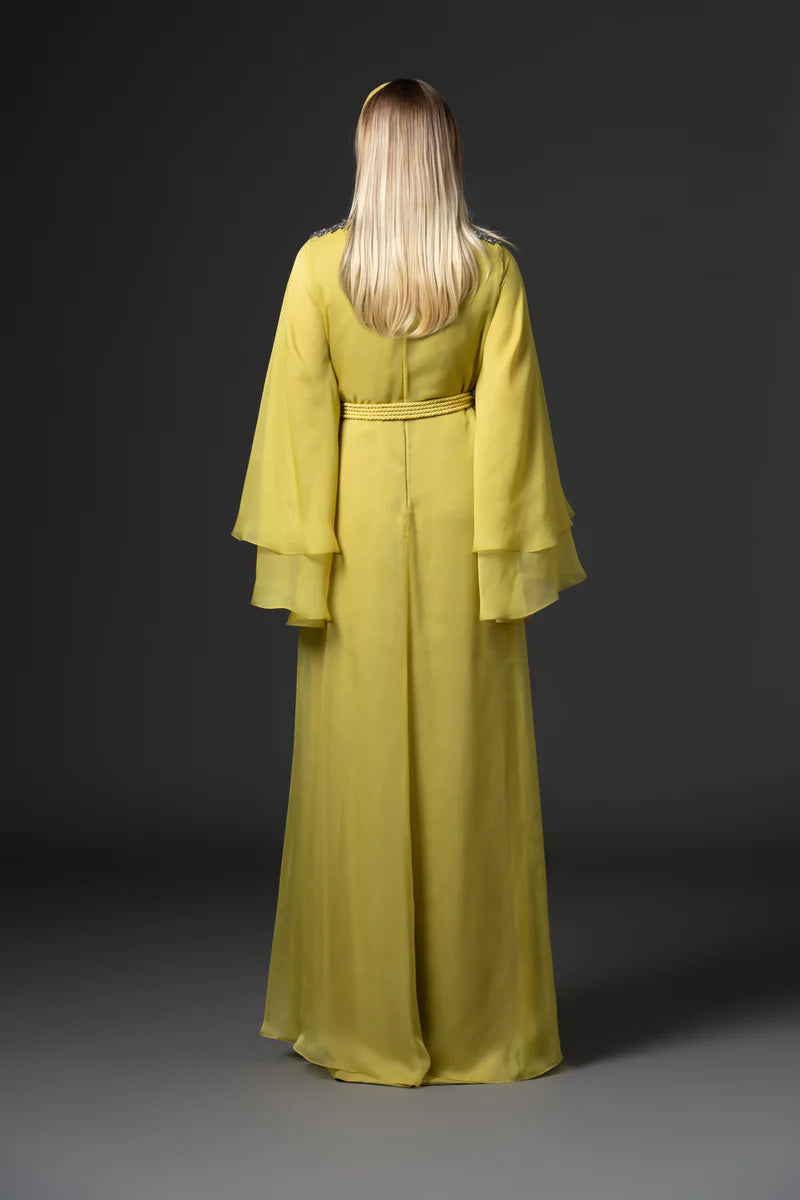 Golden Olive Abaya with Embroidered Neck
