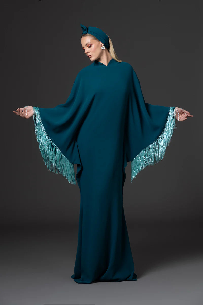 Teal Crêpe Abaya with Beaded Fringes