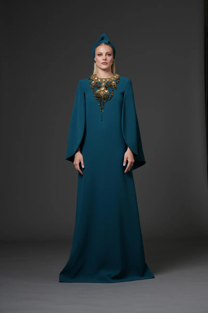 Teal Crêpe Abaya with Embroidered Neck