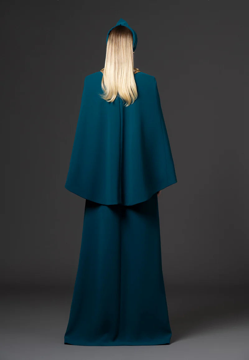 Teal Crêpe Abaya with Embroidered Neck