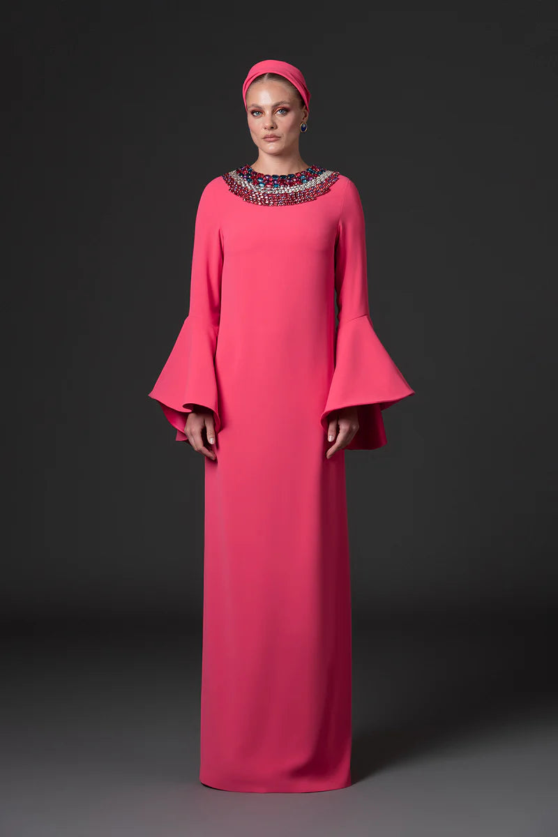 Coral Crêpe Abaya with Bell Sleeves