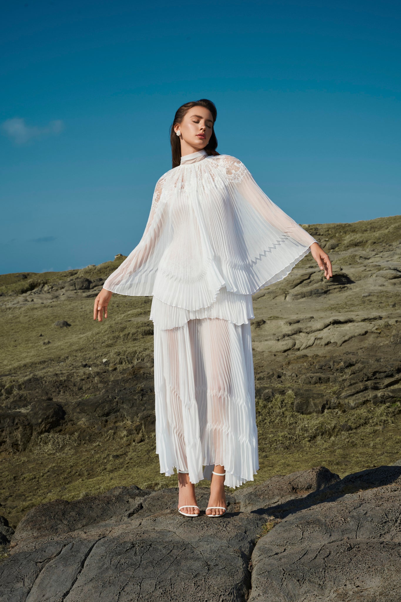 Lace-Trimmed Pleated Maxi Dress