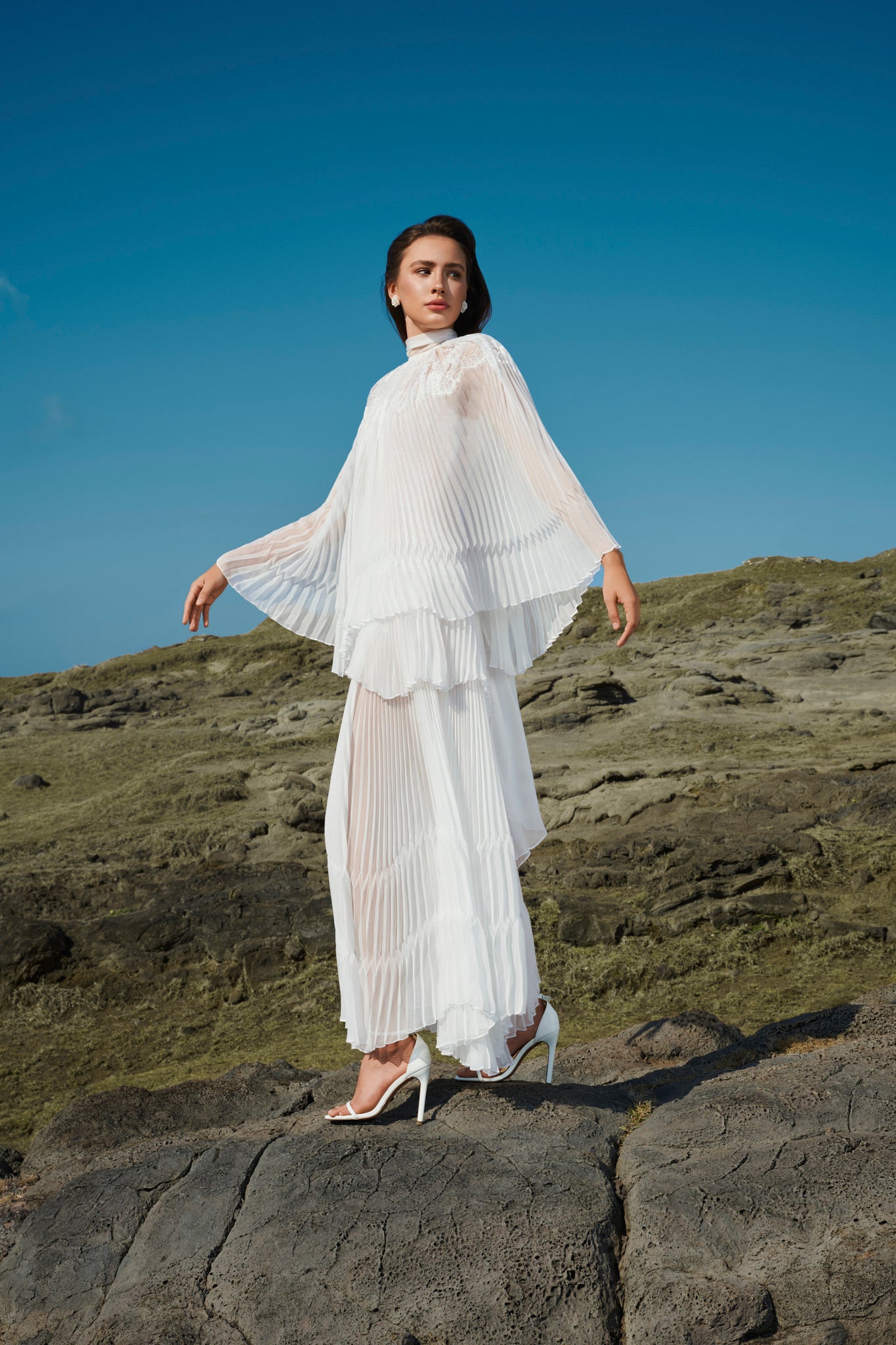 Lace-Trimmed Pleated Maxi Dress