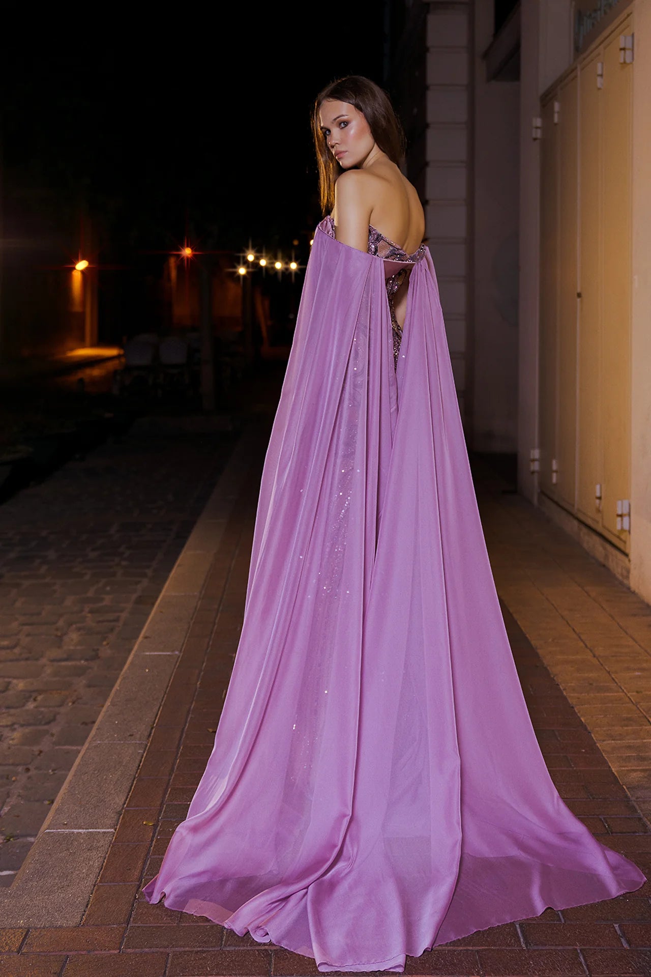 Beaded Gown with Detachable Cape Sleeves