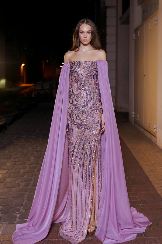 Beaded Gown with Detachable Cape Sleeves