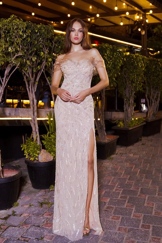 Off-Shoulder Sequin Sheath Gown