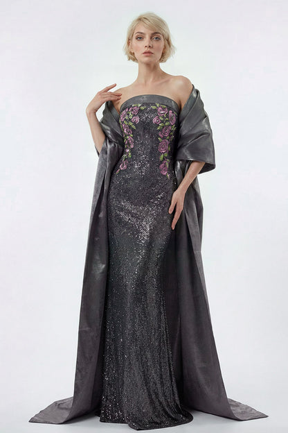 Strapless Floral Sequin Gown
