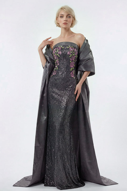 Strapless Floral Sequin Gown