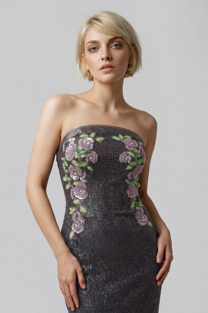 Strapless Floral-Embroidered Crystal Gown