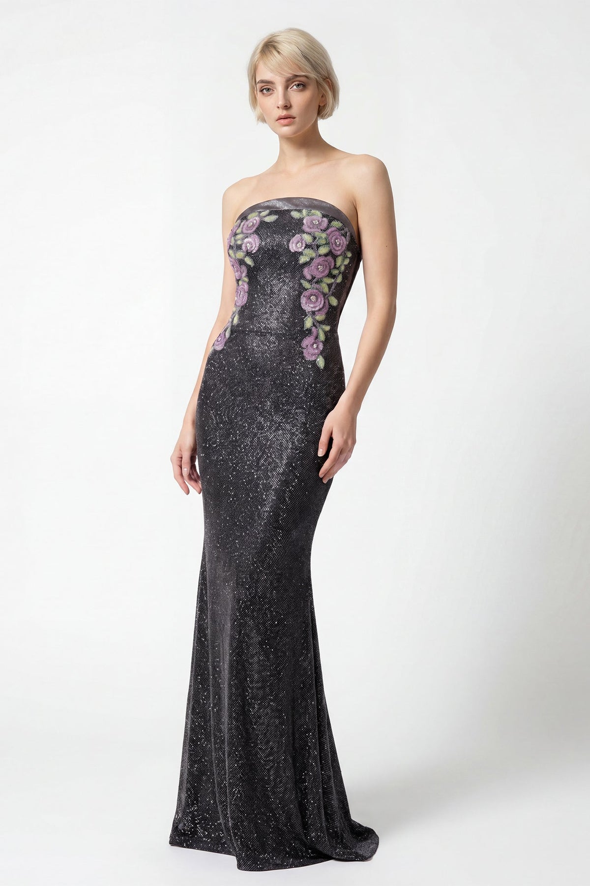 Strapless Floral-Embroidered Crystal Gown