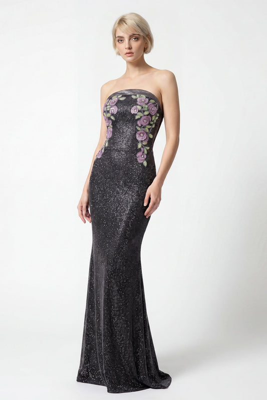 Strapless Floral-Embroidered Crystal Gown