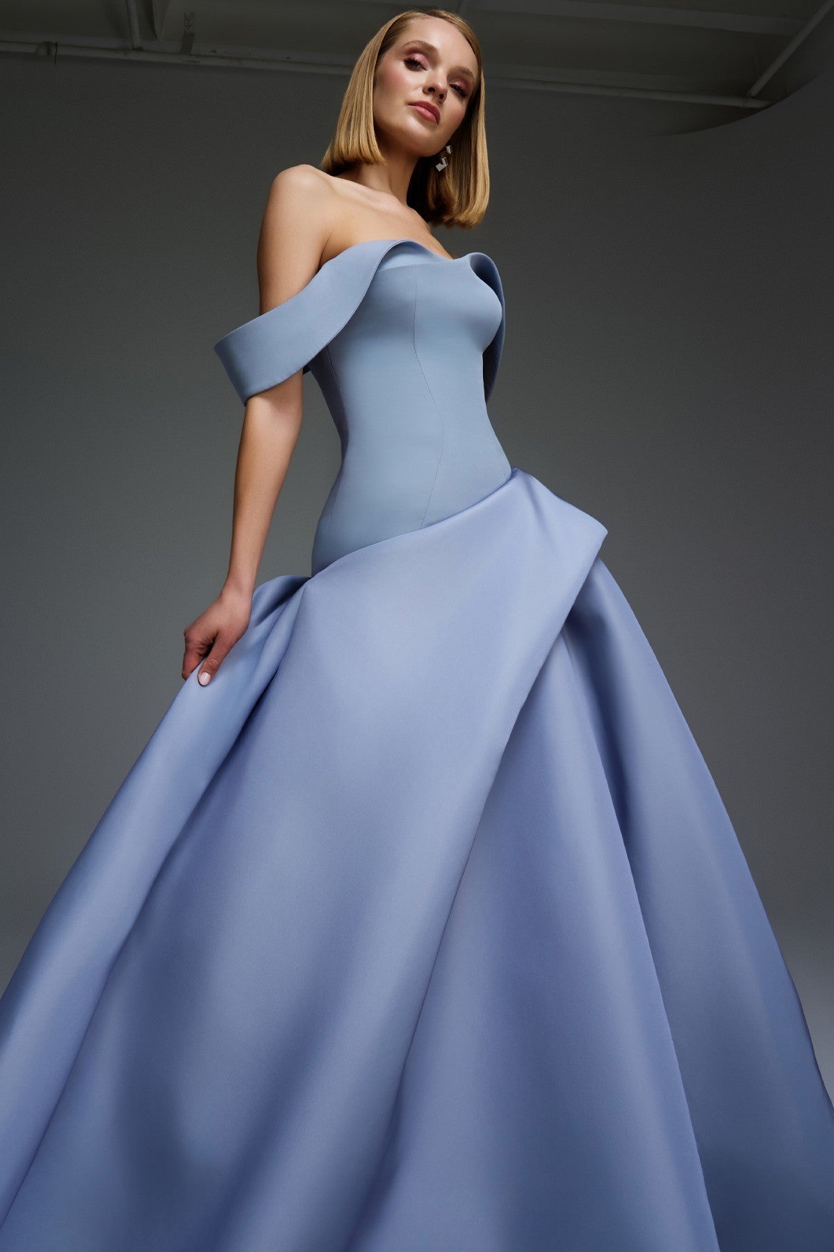 Pleated Off-Shoulder Neckline Gown