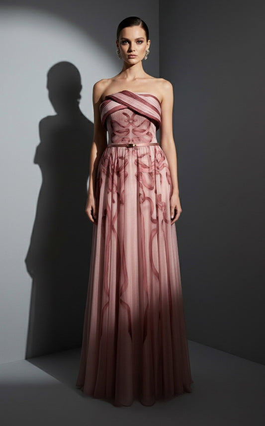 Peach Strapless Flowing Chiffon Gown