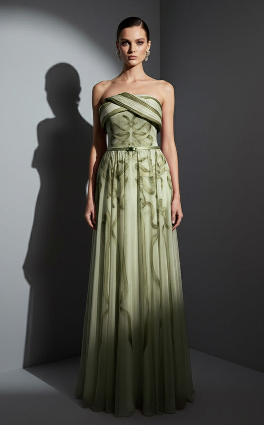 Green Strapless Flowing Chiffon Gown