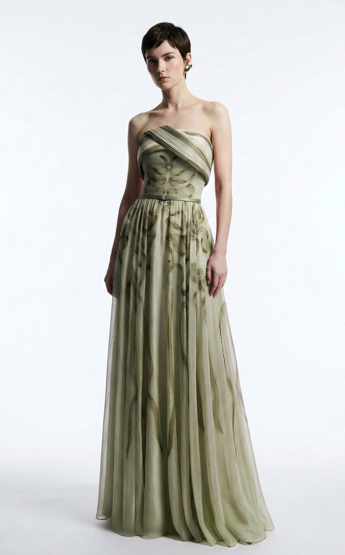 Green Strapless Flowing Chiffon Gown